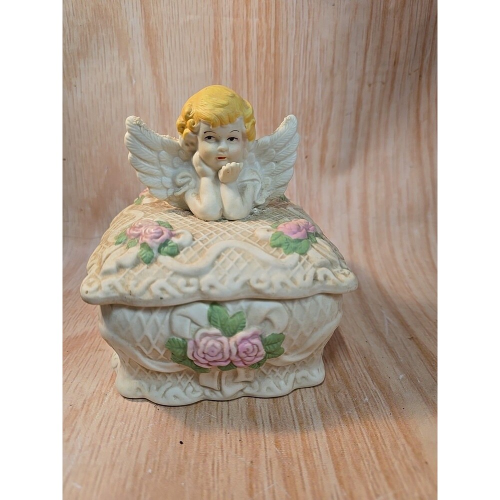 White Porcelain Trinket Box with Cherub or Angel on Top 4" tall x 3" wide & long